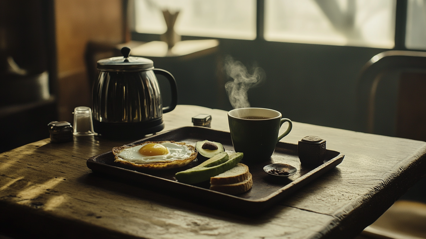 Lonely meal on rustic table in old-fashioned café