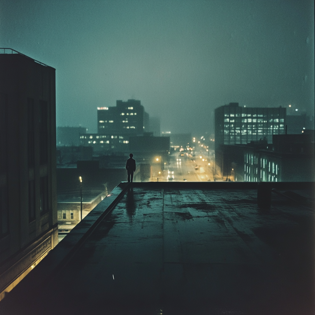 Lonely person on city rooftop at night