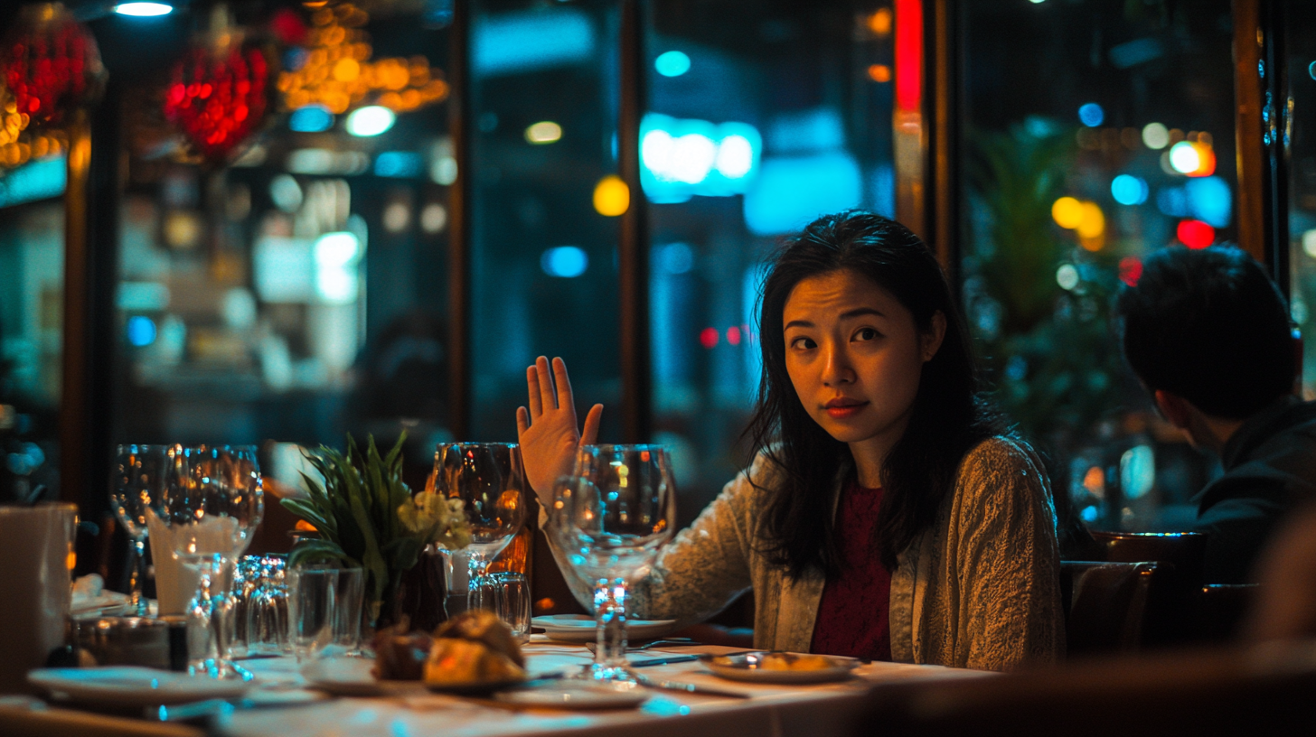 Lonely woman waits for busy waiter in dim restaurant