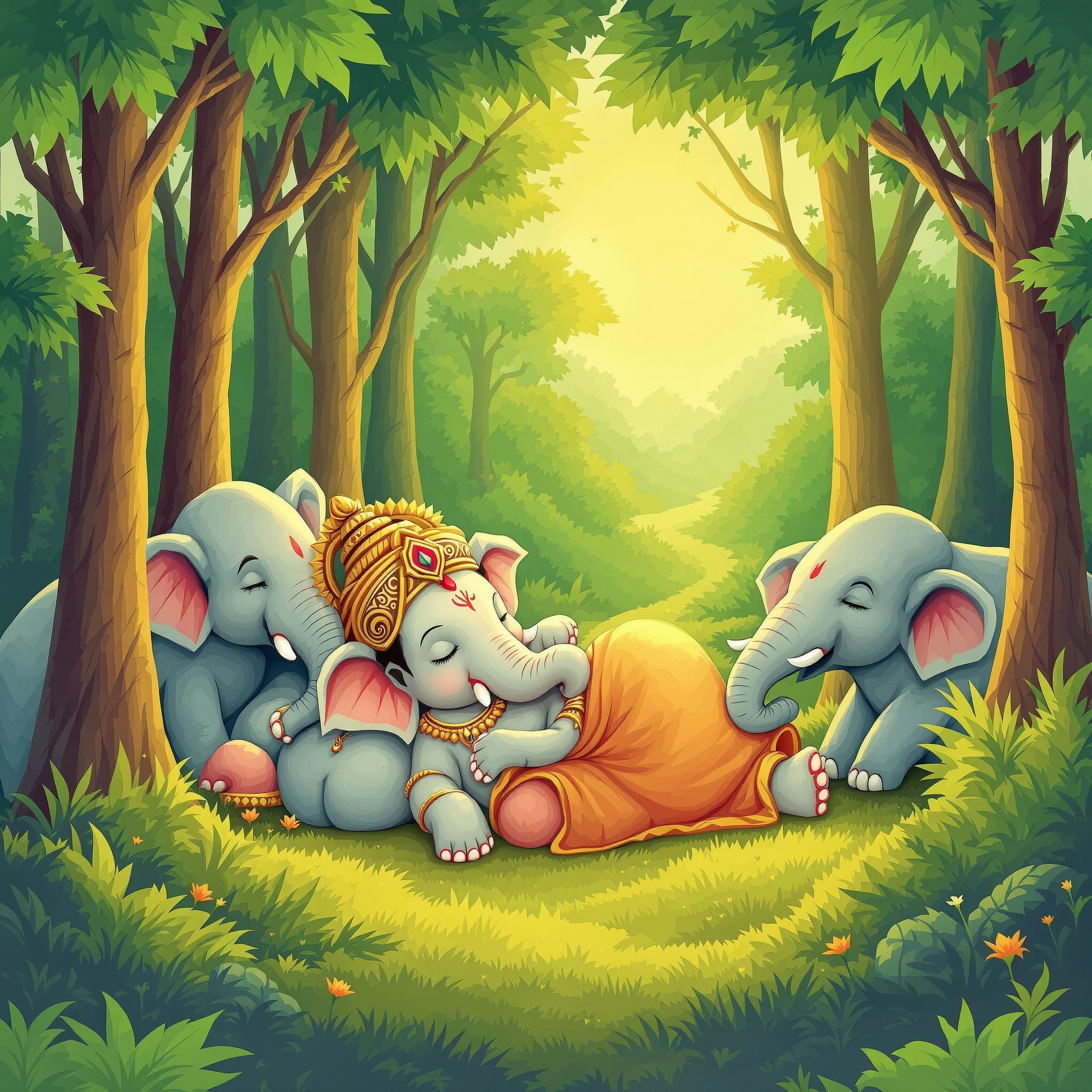 Lord Ganesha Sleeps in Forest Guarded by Elephants