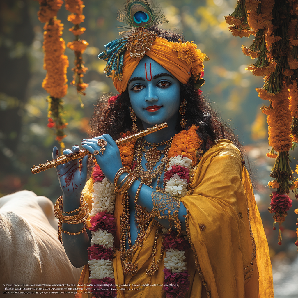 Lord Krishna Playing Flute in Tranquil Meadow