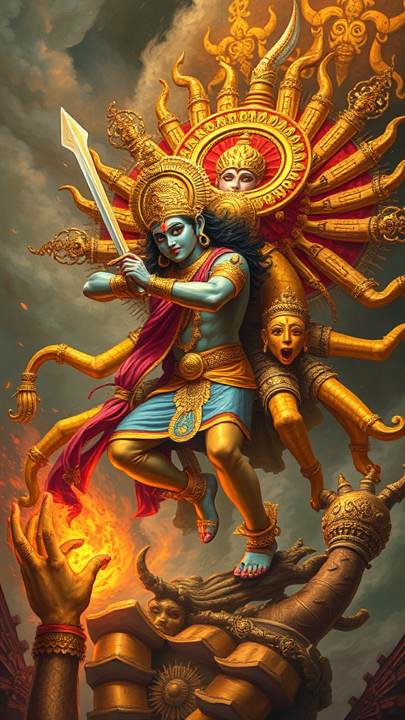 Lord Krishna defeating Narakasura in a legendary battle.