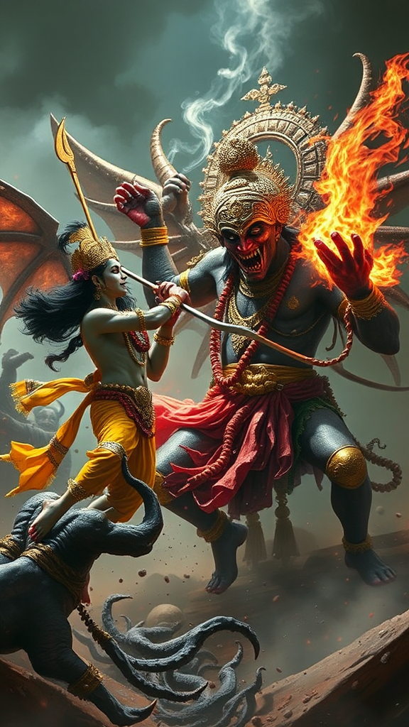 Lord Krishna defeats Narakasura demon, intense battle scene.