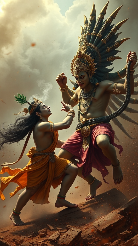 Lord Krishna defeats narakasura in fierce battle.