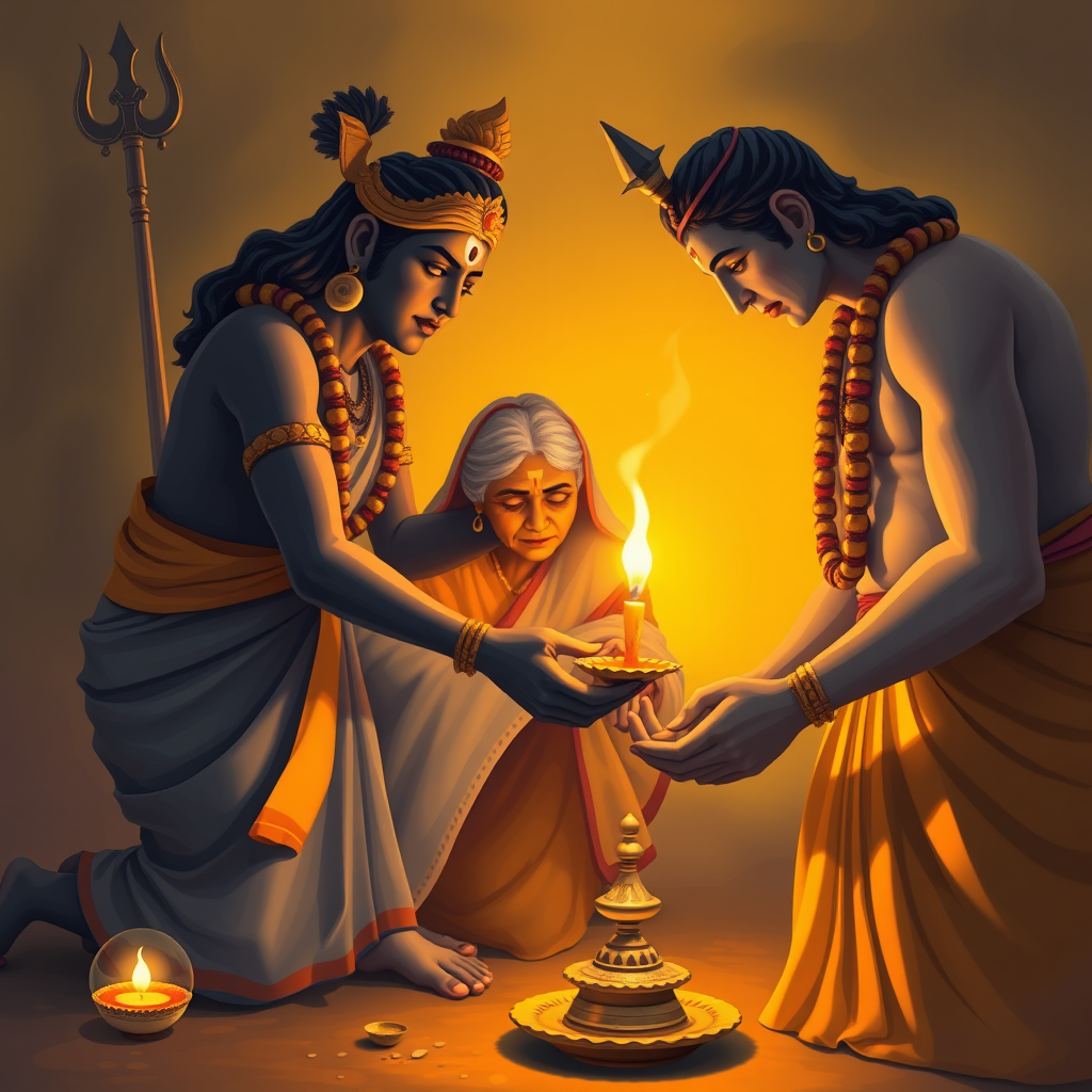 Lord Muruga and Shiva Helping Elderly Couple Light Vilakku