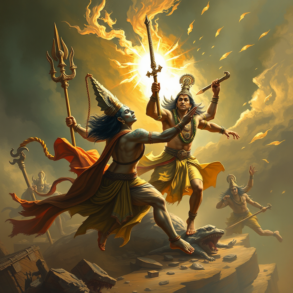 Lord Rama battles and conquers evil Ravana.