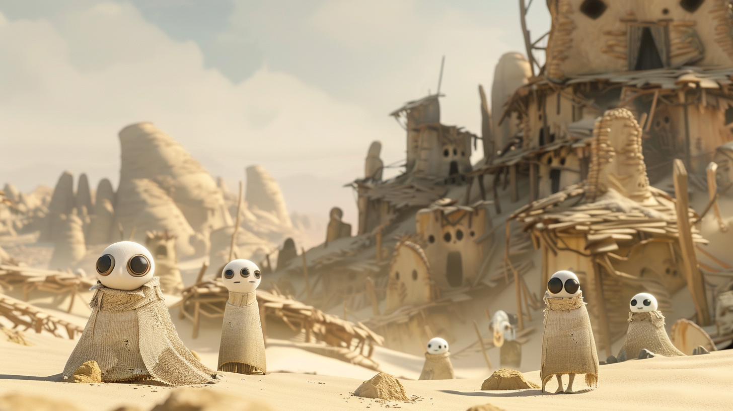 Lost characters in desert village ruins, Pixar-style setting