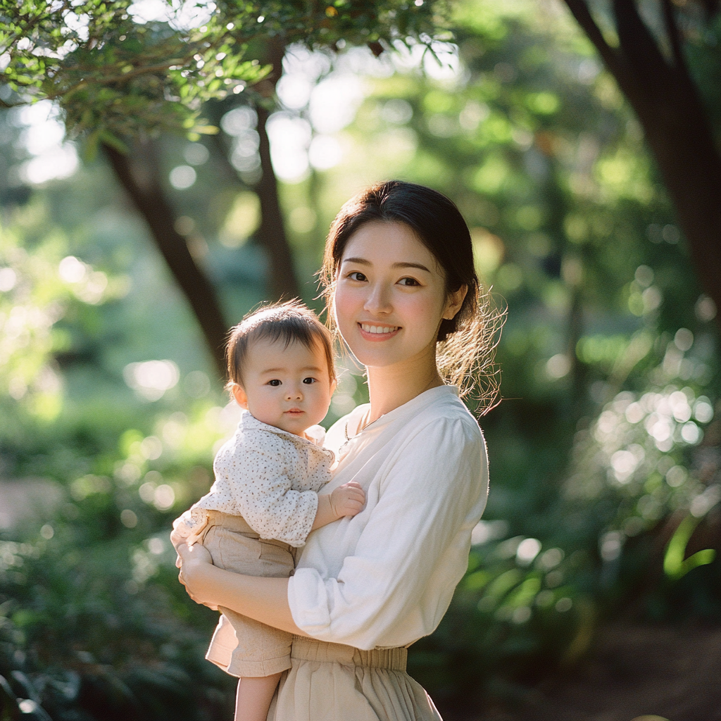 Loving Japanese Mother and Baby in Sunny Park