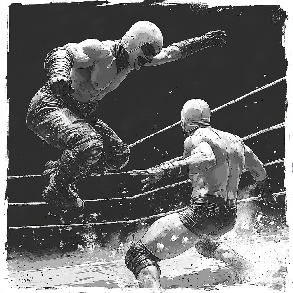 Lucha Libre wrestlers in mid-air flip, sketch artwork.