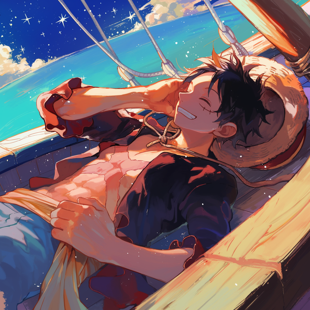 Luffy Sleeping Peacefully on Thousand Sunny Boat at Night