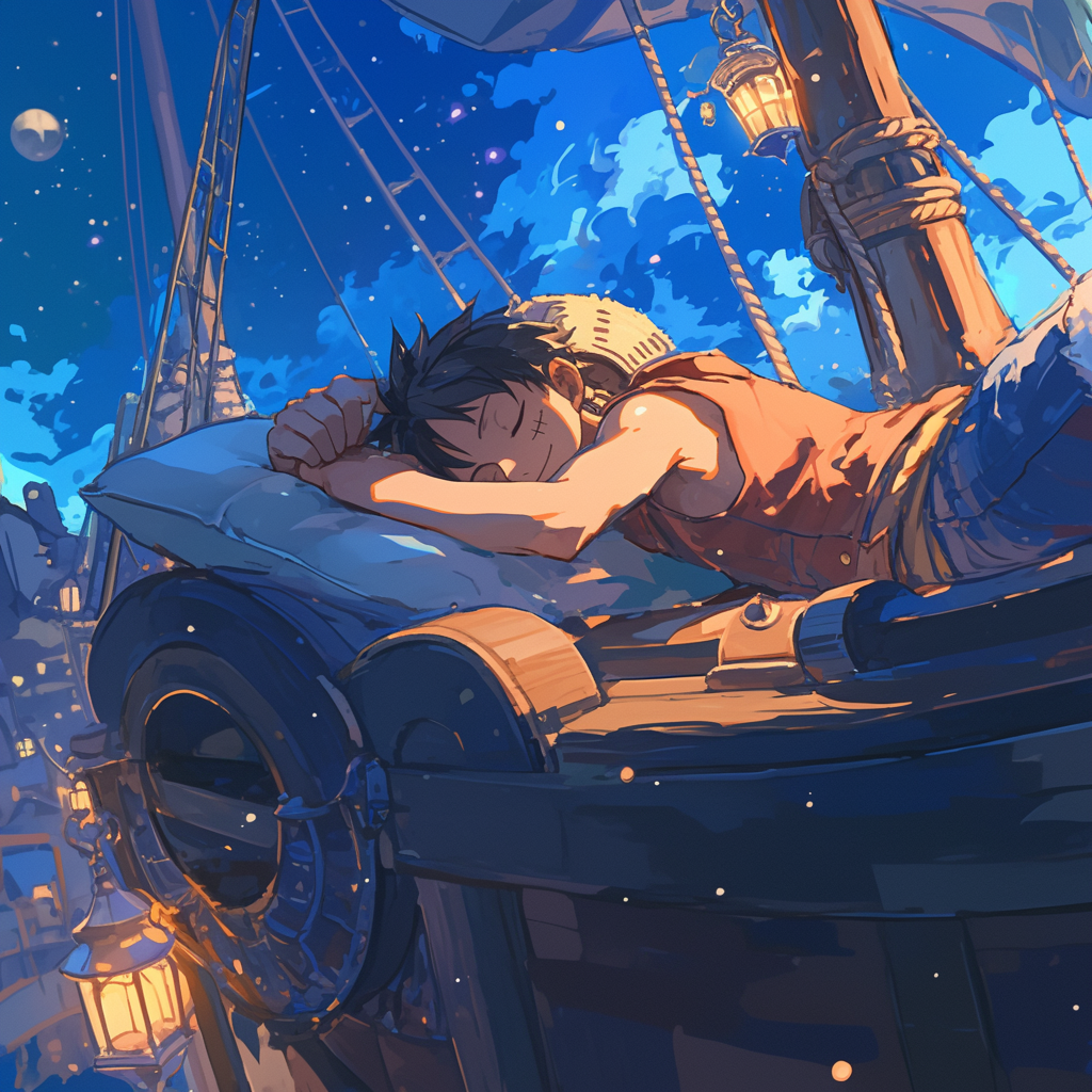 Luffy sleeps peacefully on Thousand Sunny at night