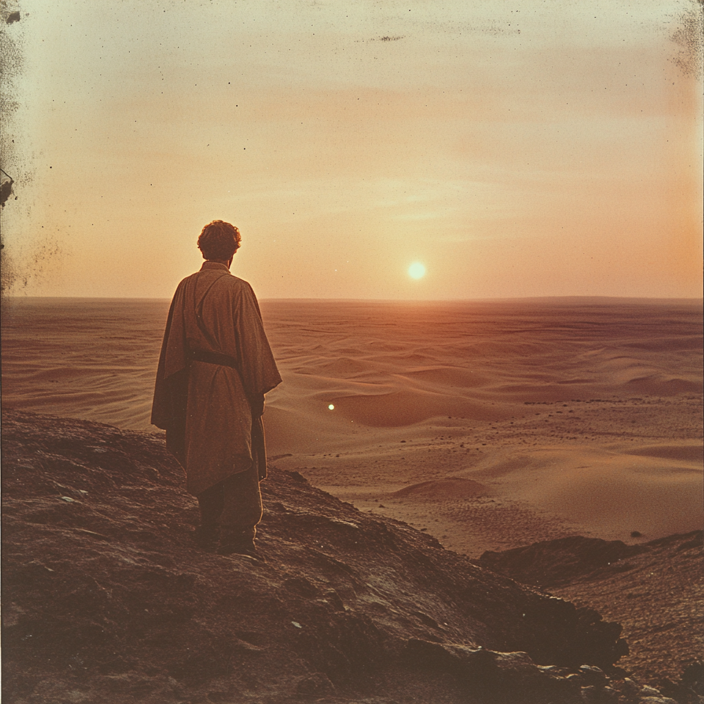 Luke Skywalker gazes at dual suns on Tatooine