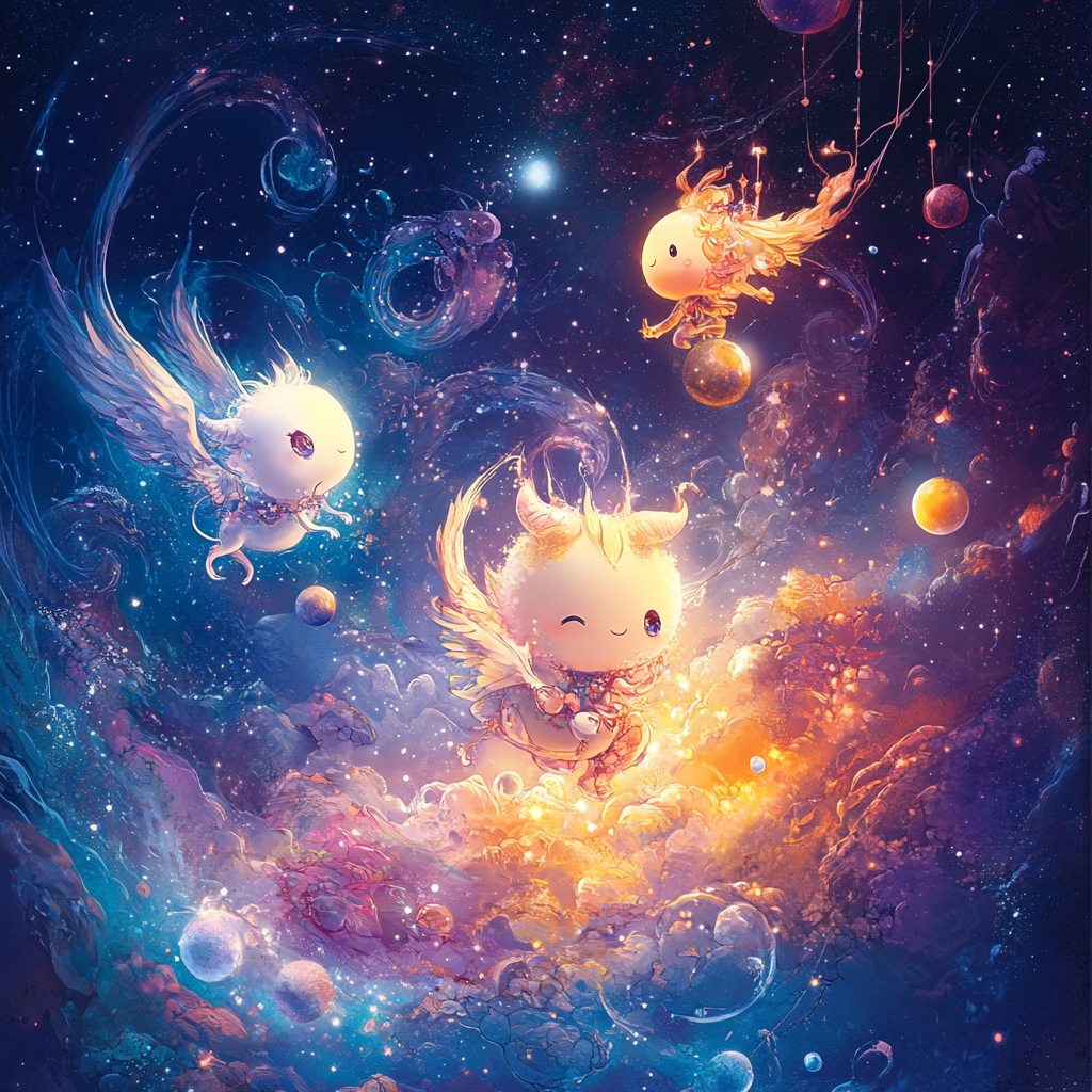 Luna and Sol's Cosmic Adventure with Magical Creatures