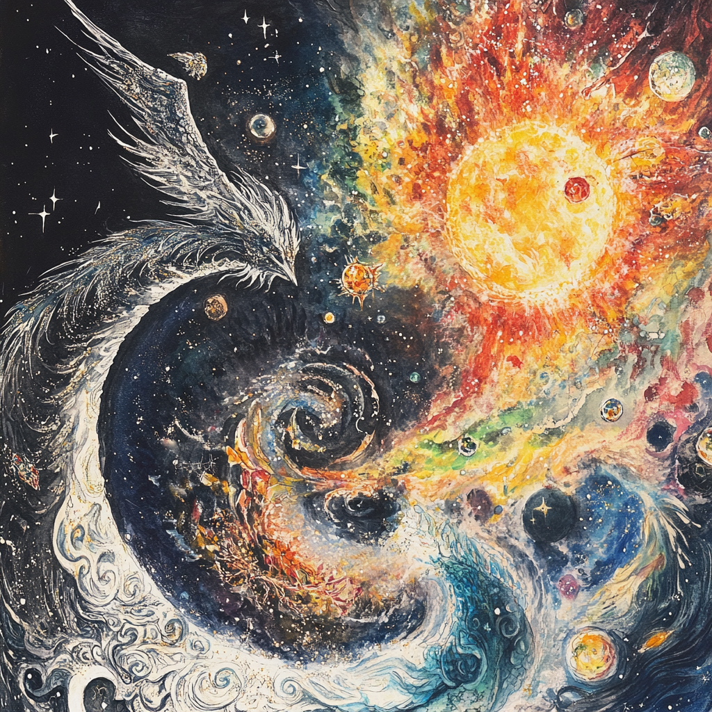 Luna and Sol Riding Cosmic Creatures Amid Vortex