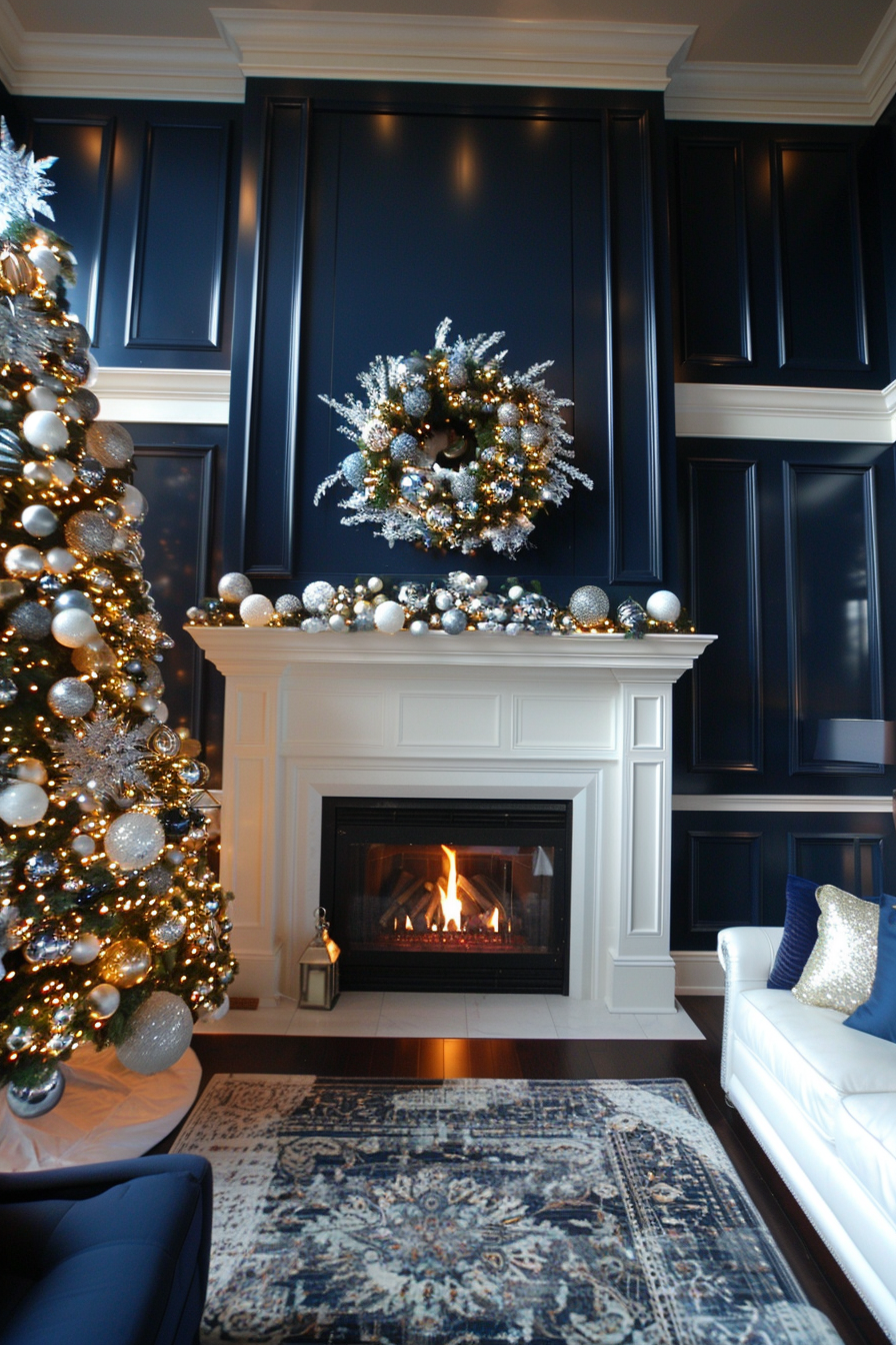 Luxurious Christmas-themed living room with navy wall.