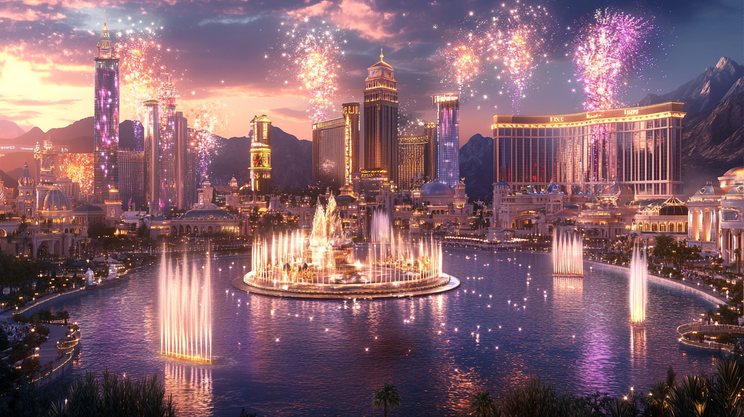 Luxurious Cityscape with Five Casinos and Fireworks