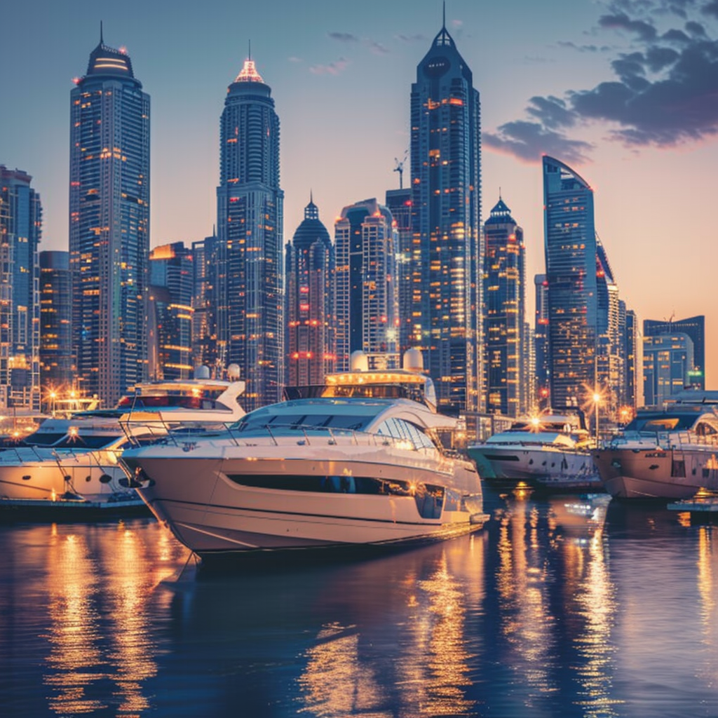 Luxurious Dubai skyline at twilight with glowing lights