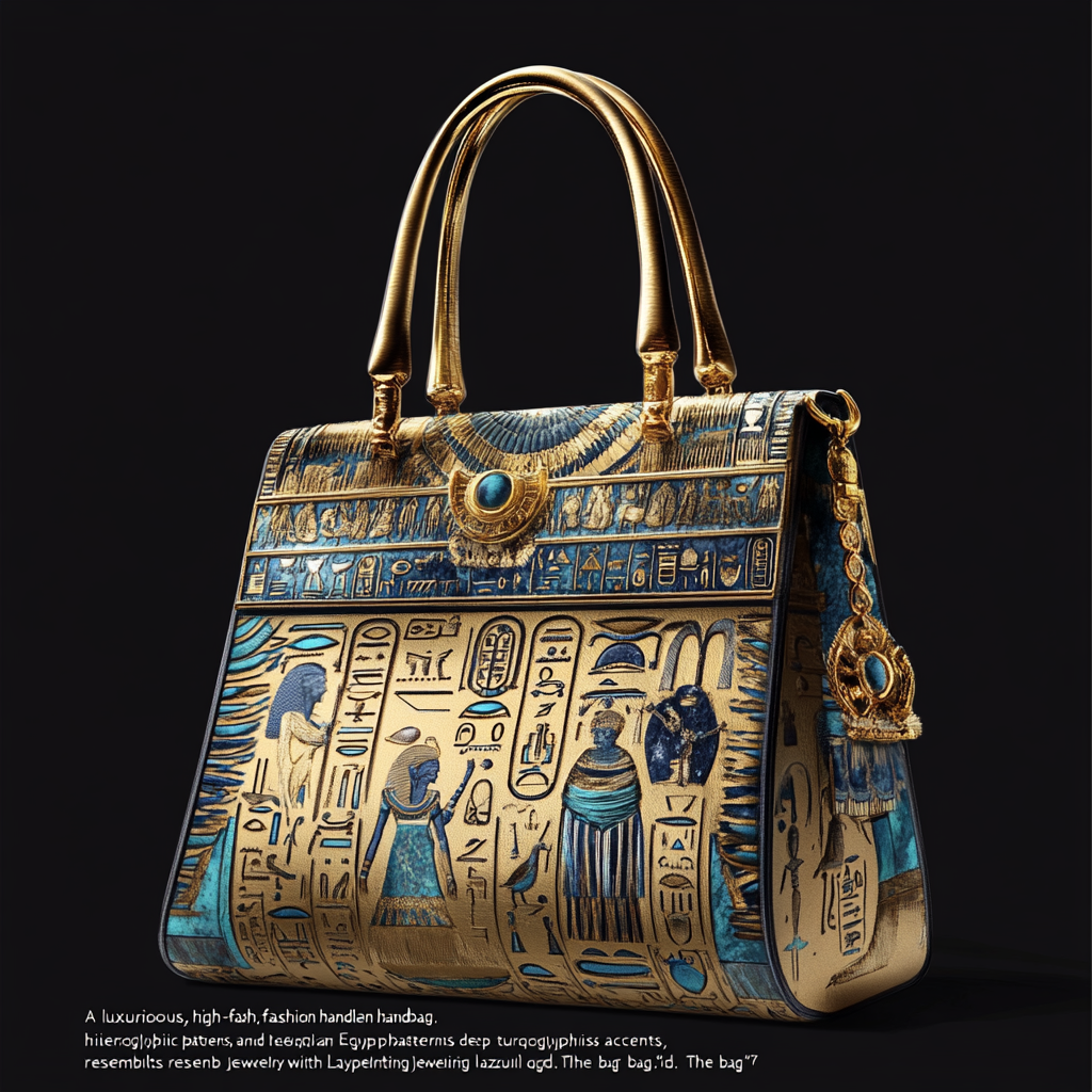 Luxurious Egyptian-inspired handbag with golden patterns and jewels.