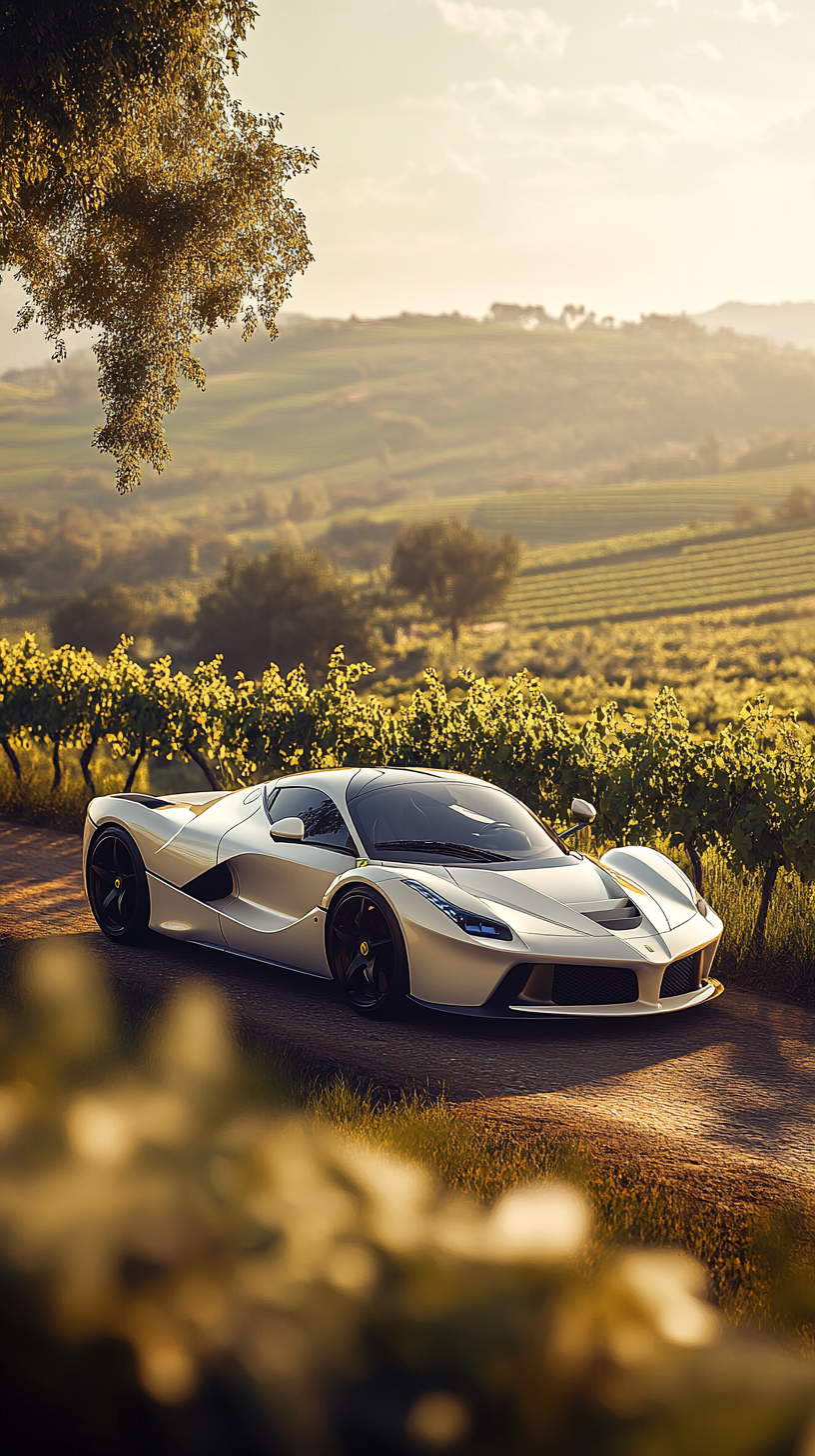 Luxurious Ferrari in vineyard at golden hour.