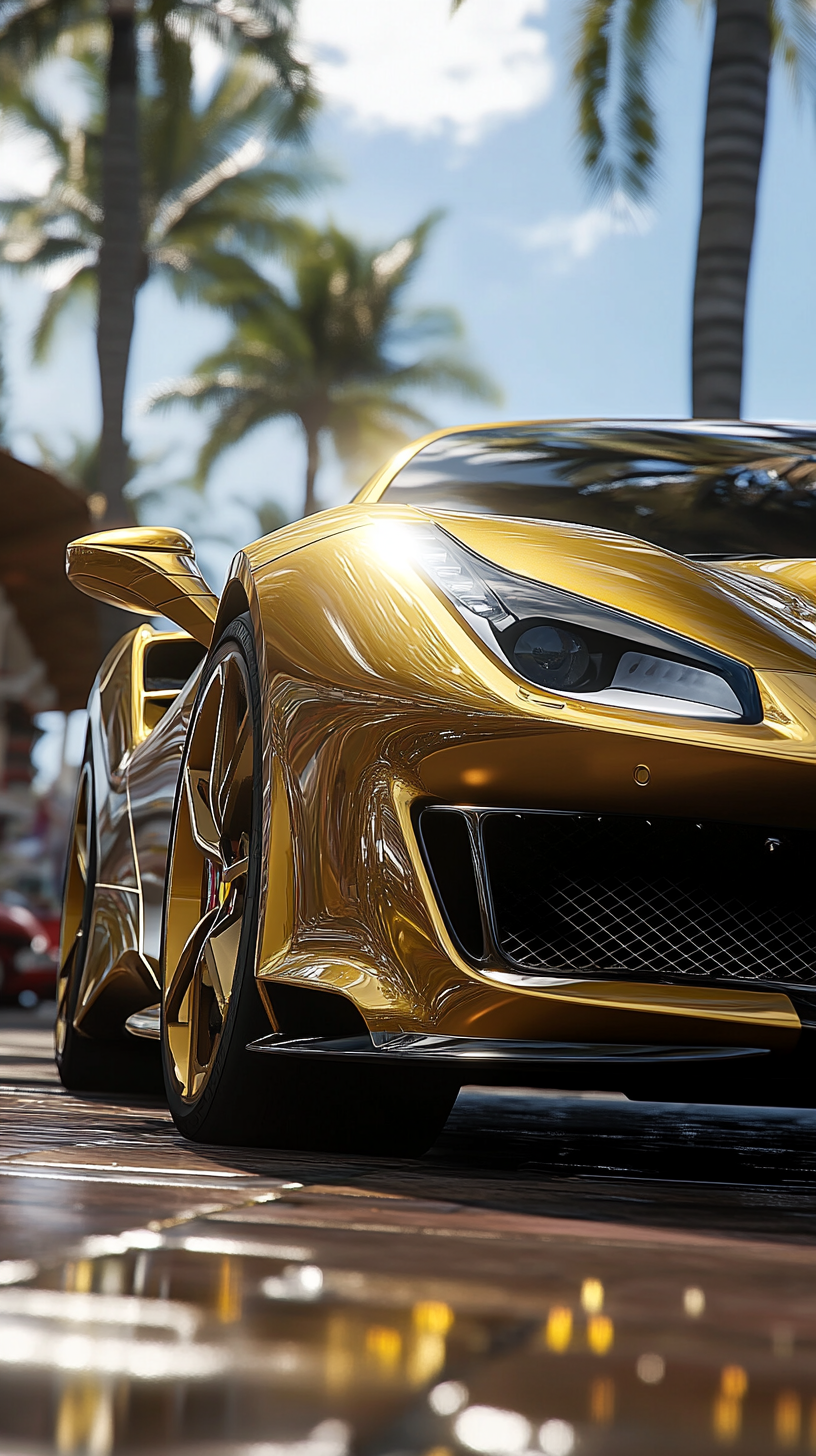 Luxurious Gold Ferrari at Lavish Resort: Photorealistic Image