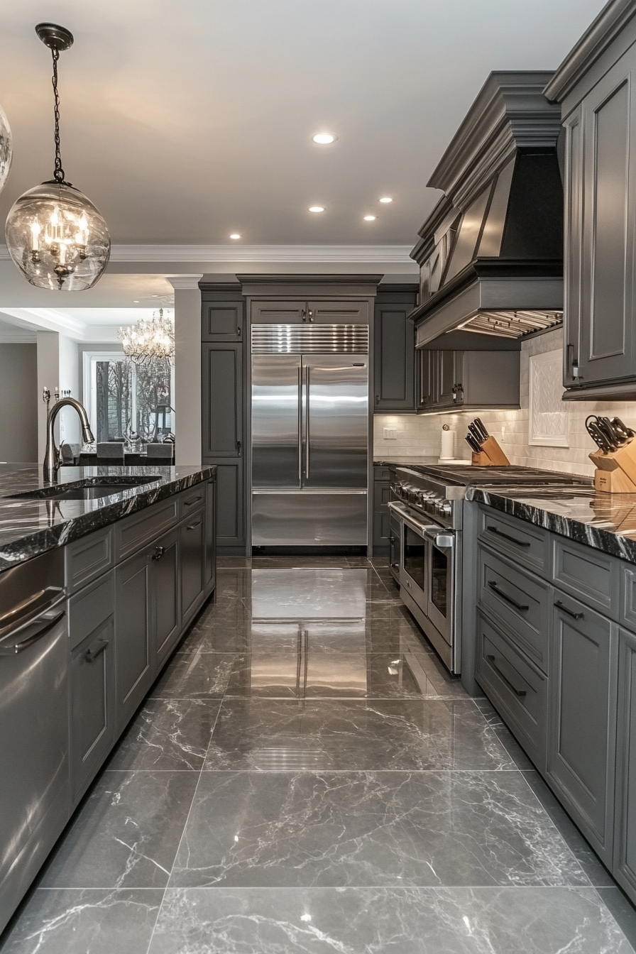 Luxurious Gray Kitchen with Marble Countertops and Appliances.