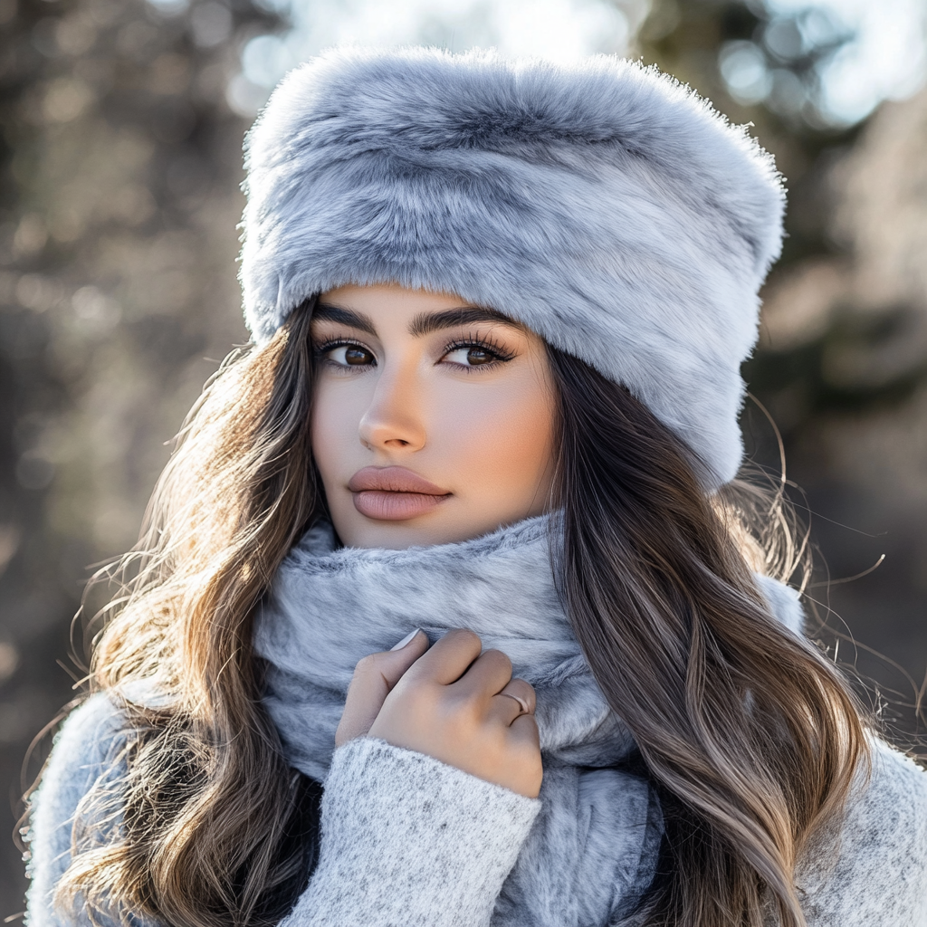 Luxurious Gray Plush Winter Hat with Ponytail Opening