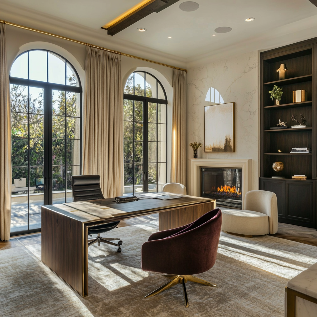 Luxurious Mediterranean-inspired home office with modern elegance