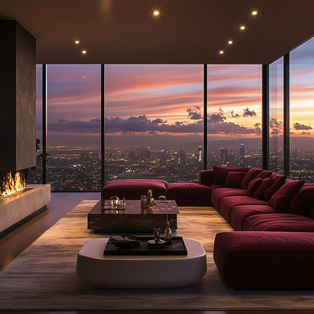 Luxurious Modern Living Room with City View Simulation