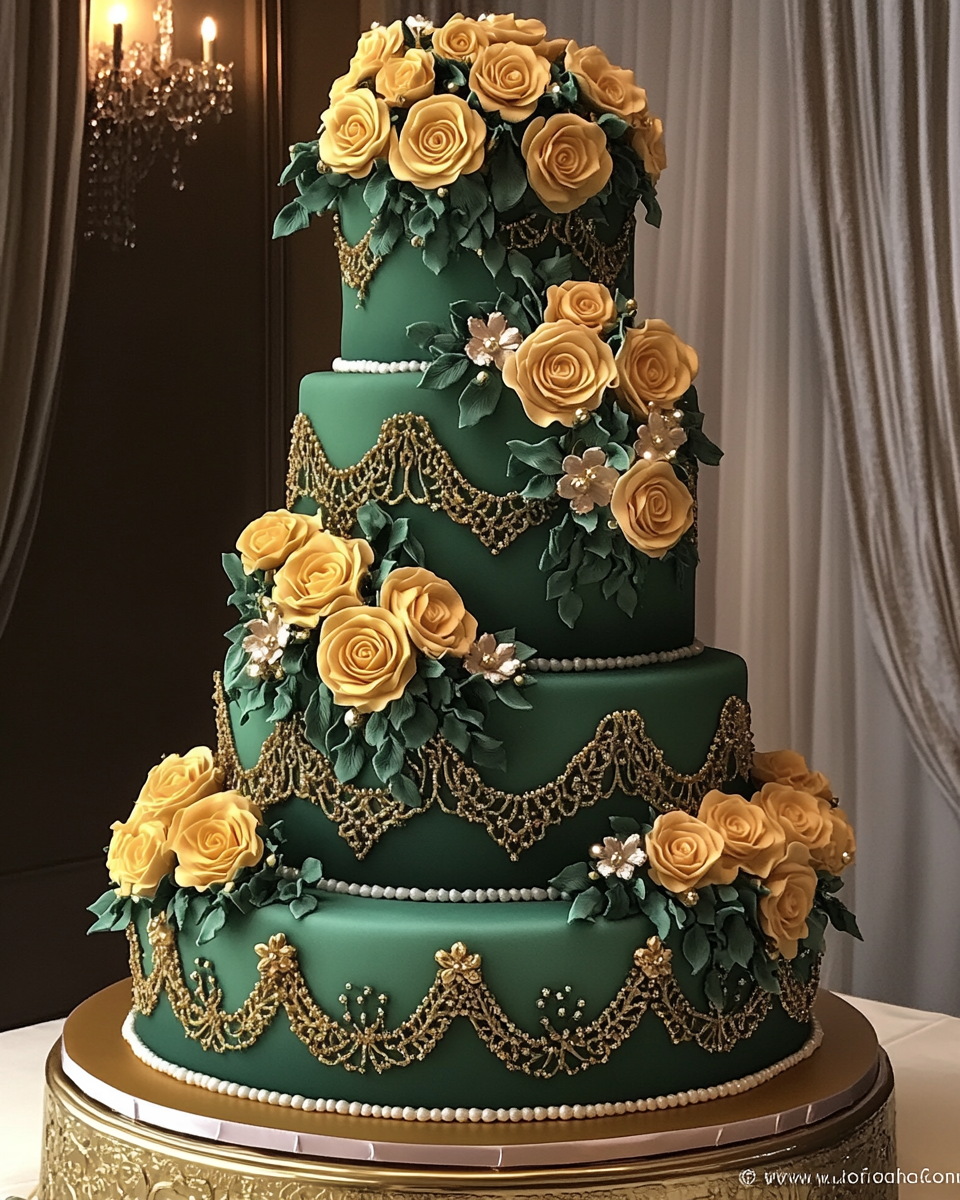 Luxurious Multi-Tiered Green and Gold Arabic Cake