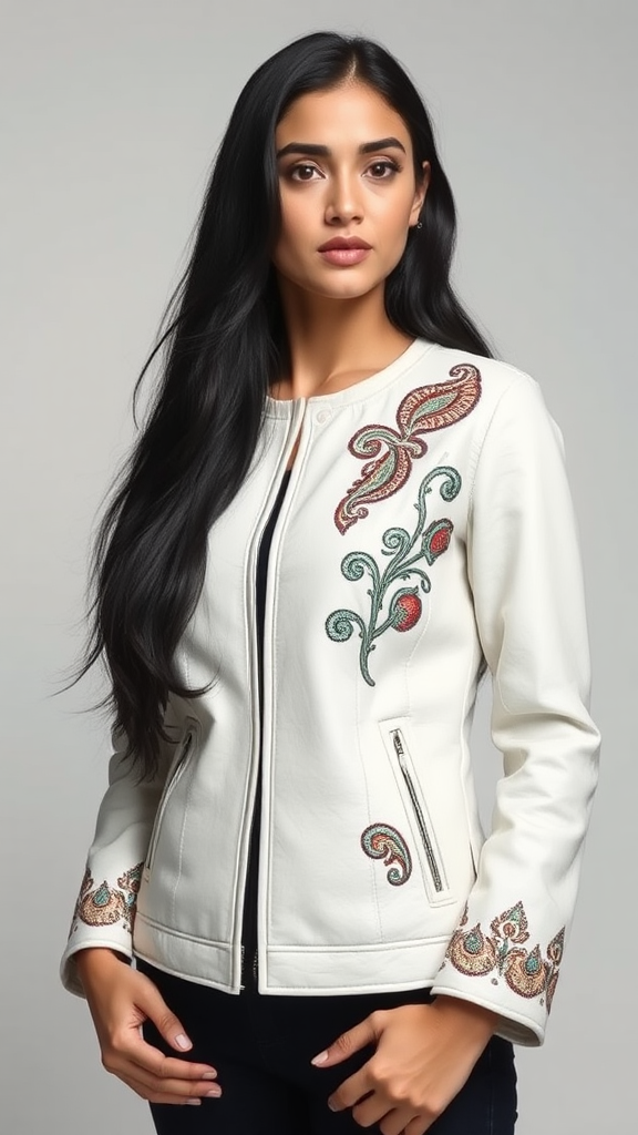 Luxurious Persian-inspired leather jacket with intricate motifs.