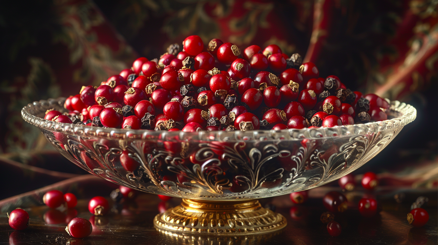 Luxurious Presentation of Kampot Peppercorns in Crystal Dish