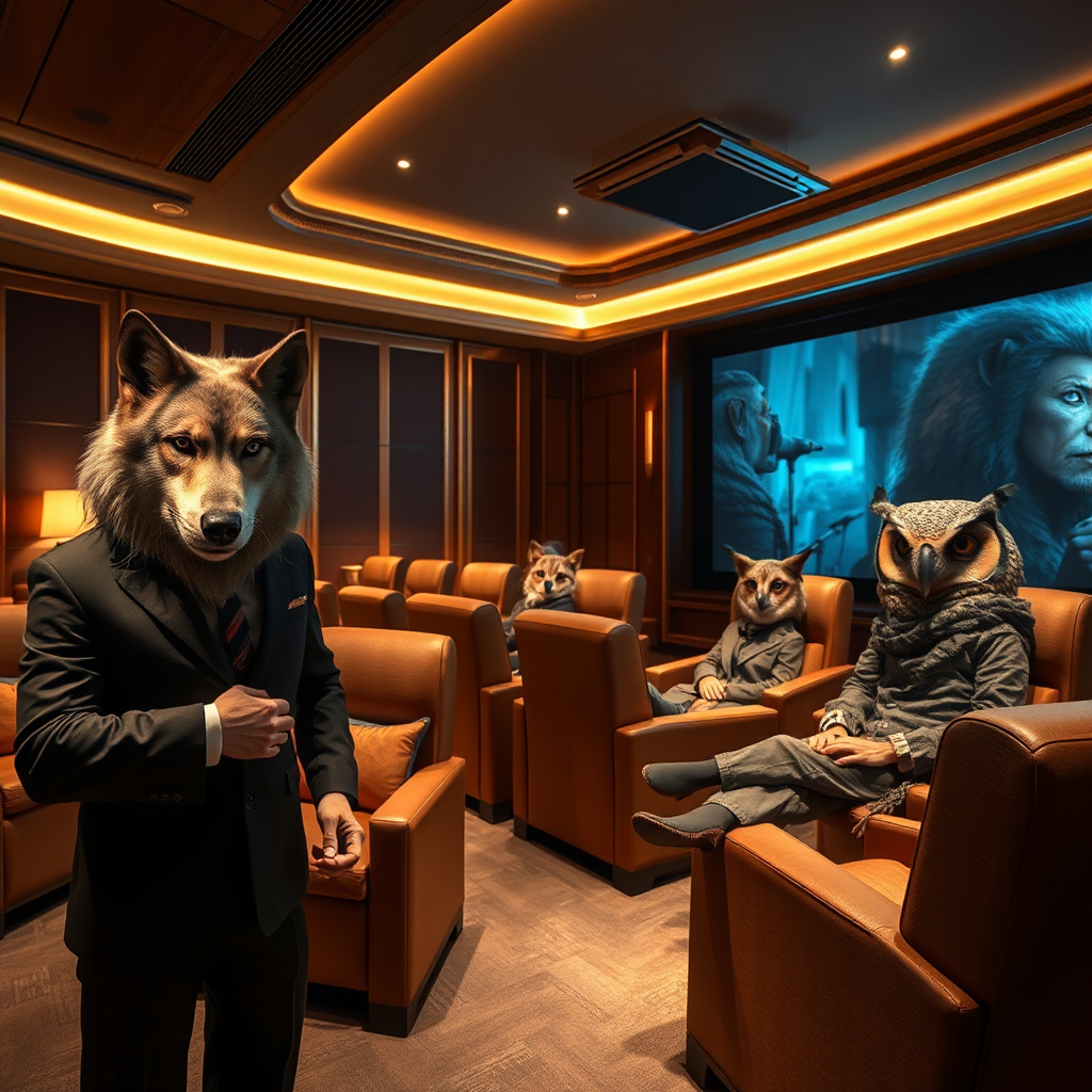 Luxurious animal-faced guests enjoy high-tech cinema experience.