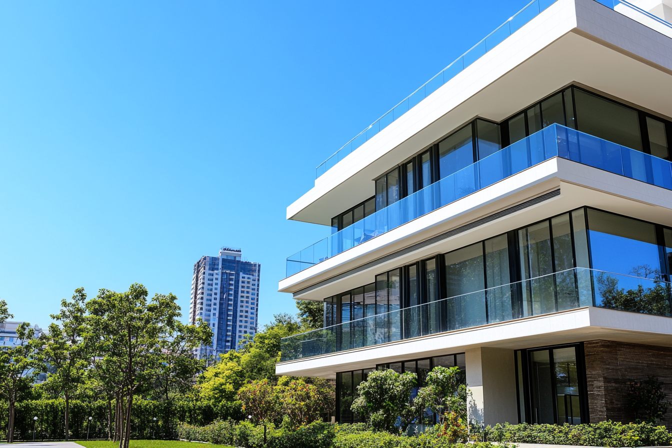 Luxurious apartment building with glass windows and garden