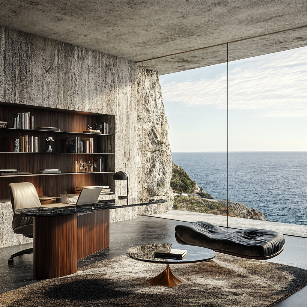 Luxurious cliffside office with ocean view and modern design