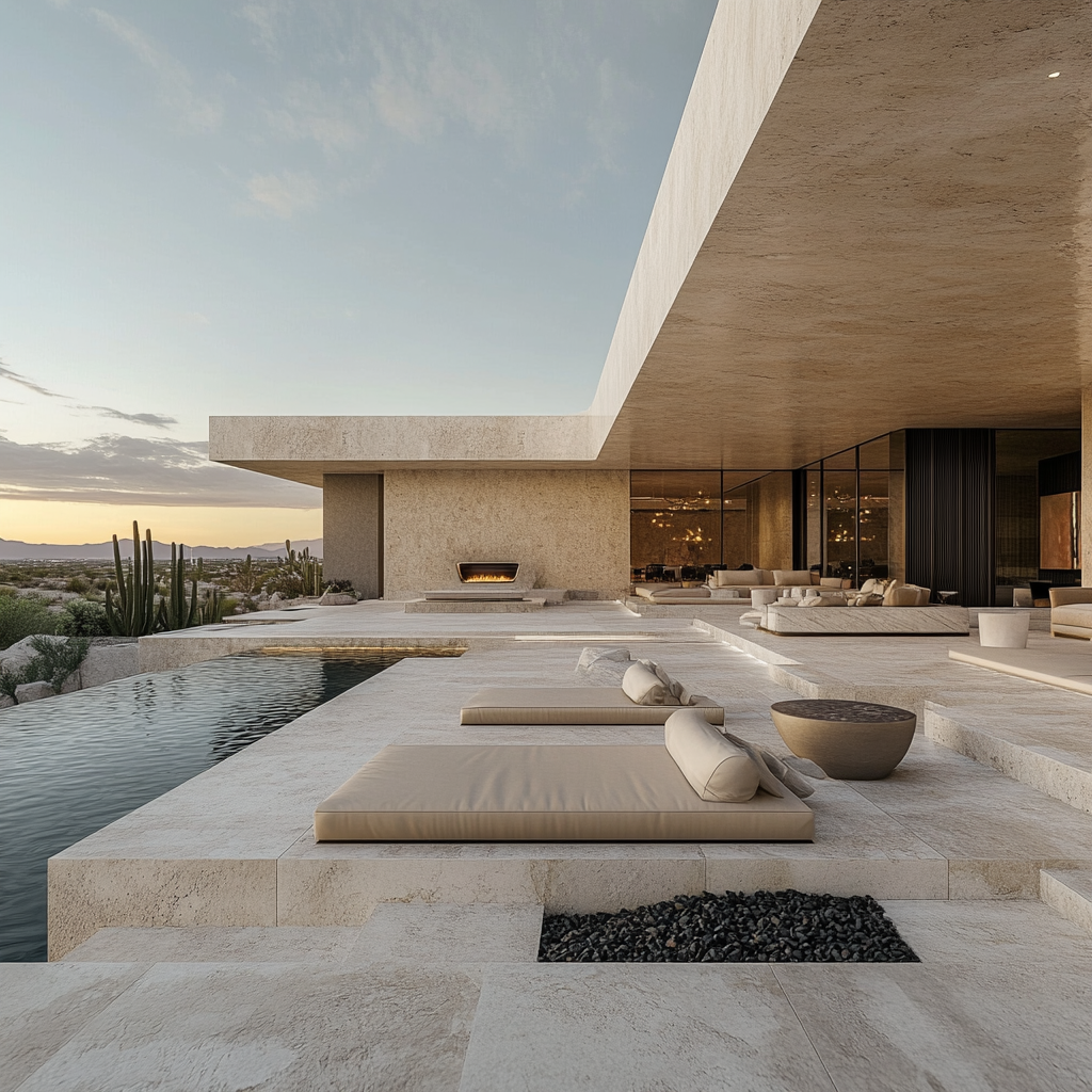 Luxurious desert mansion outdoor space with infinity pool