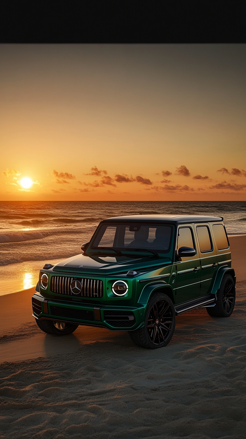 Luxurious emerald green SUV parked on beach.