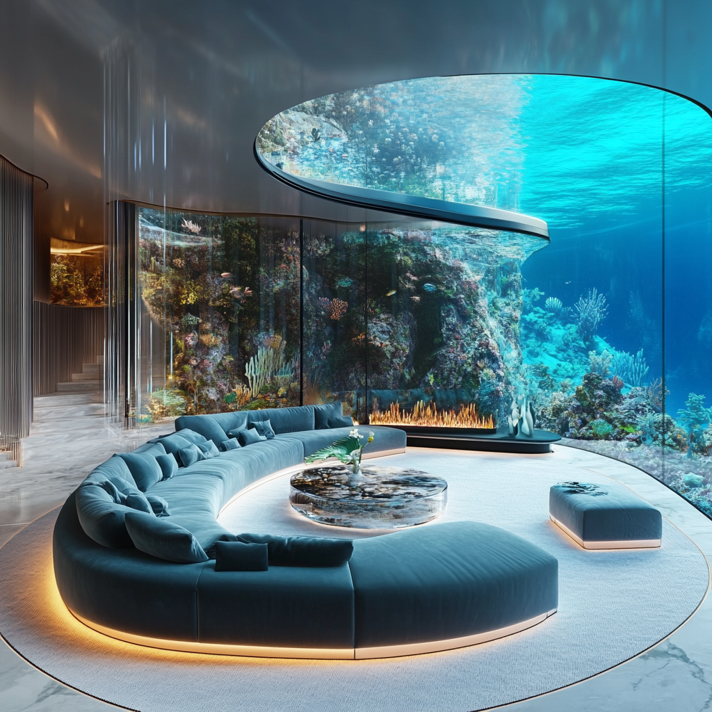 Luxurious futuristic underwater living room with marine-inspired art