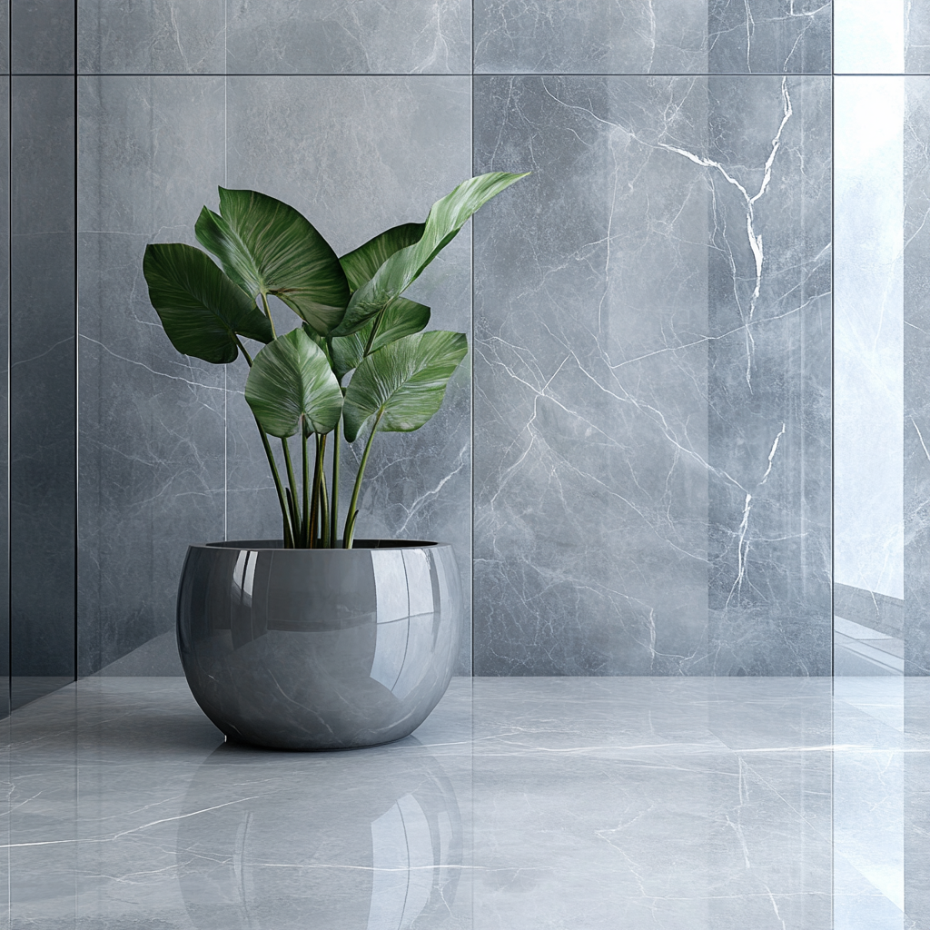 Luxurious gray bathroom with marble walls and floor