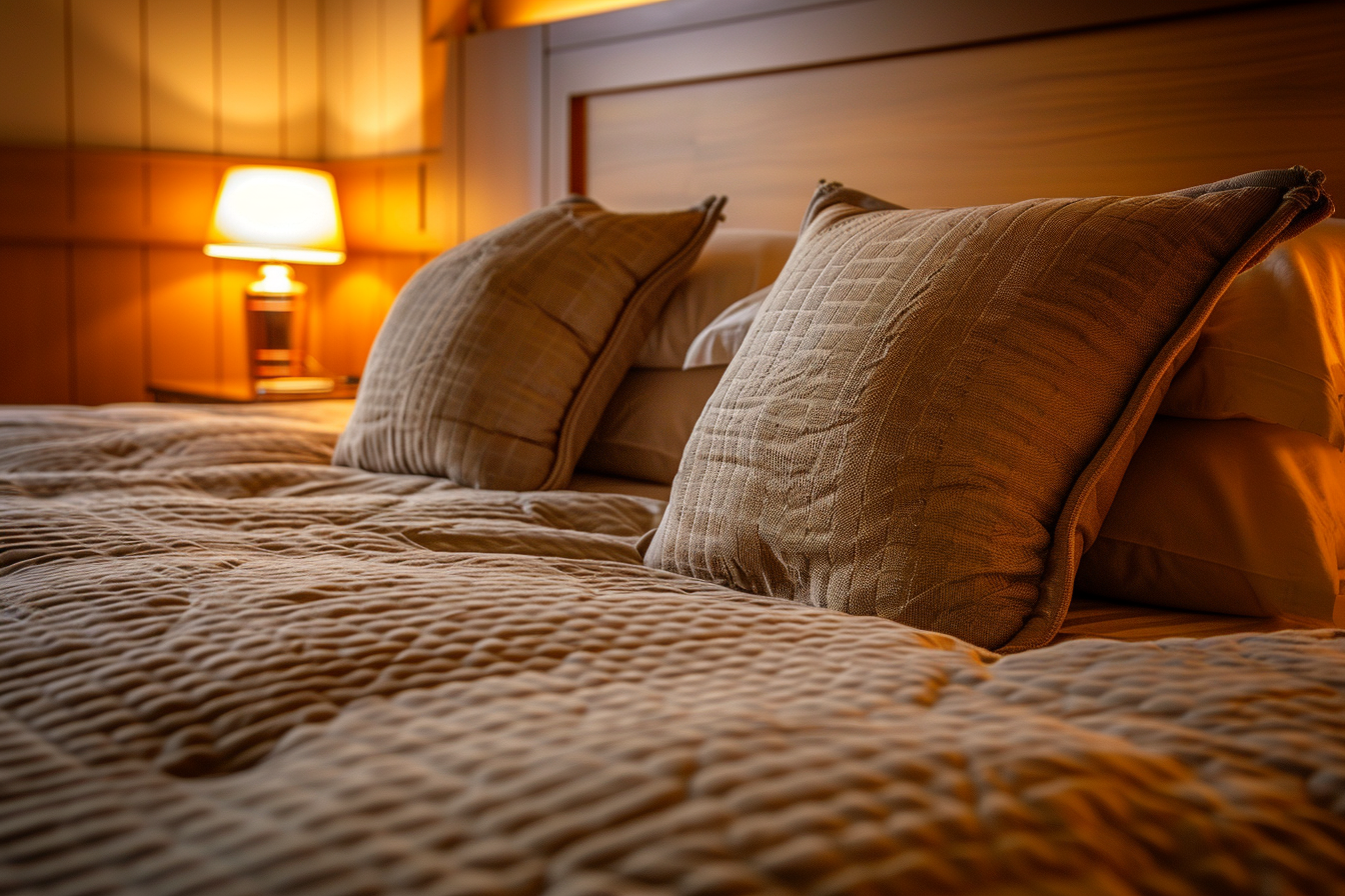 Luxurious hotel bed with pillows in warm light