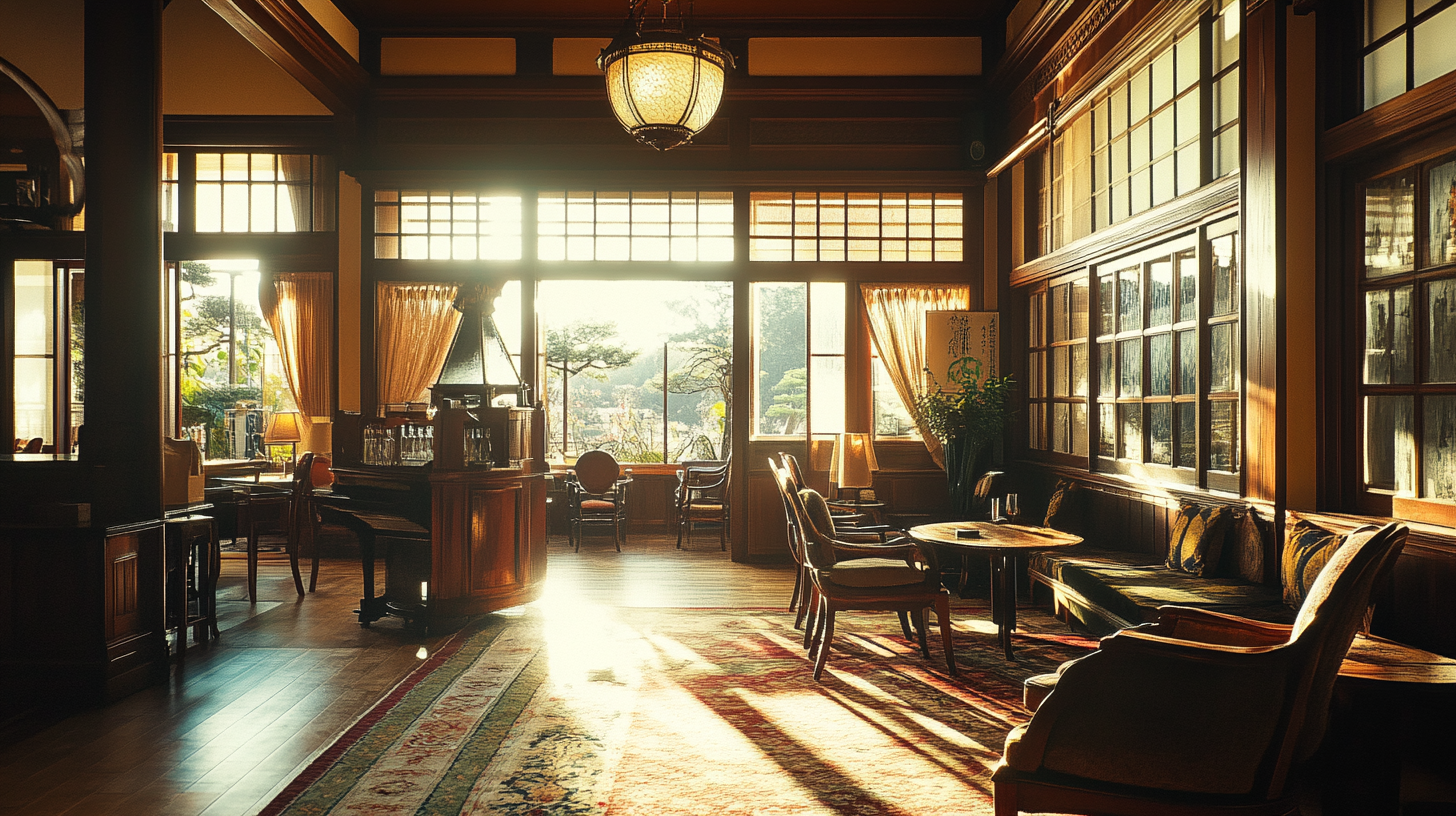 Luxurious hotel lounge in 19th century Japan