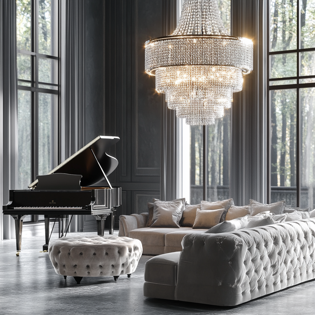 Luxurious modern interior design with piano and sofa