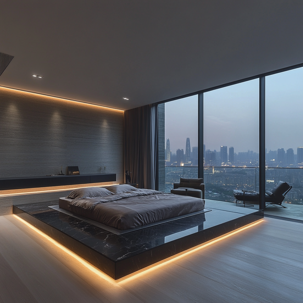 Luxurious modern master bedroom with stunning city view