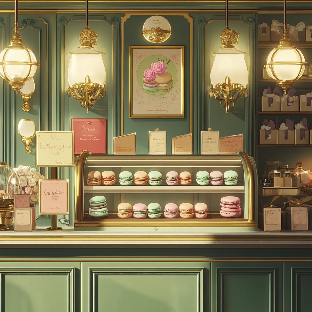 Luxurious petri display of pastel macarons in Ghibli style.