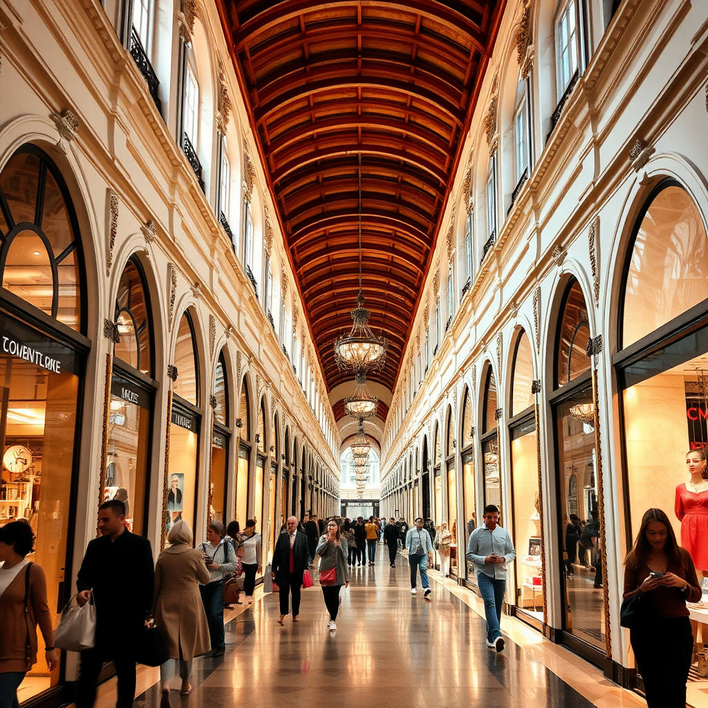 Luxurious shopping center bustling with people.