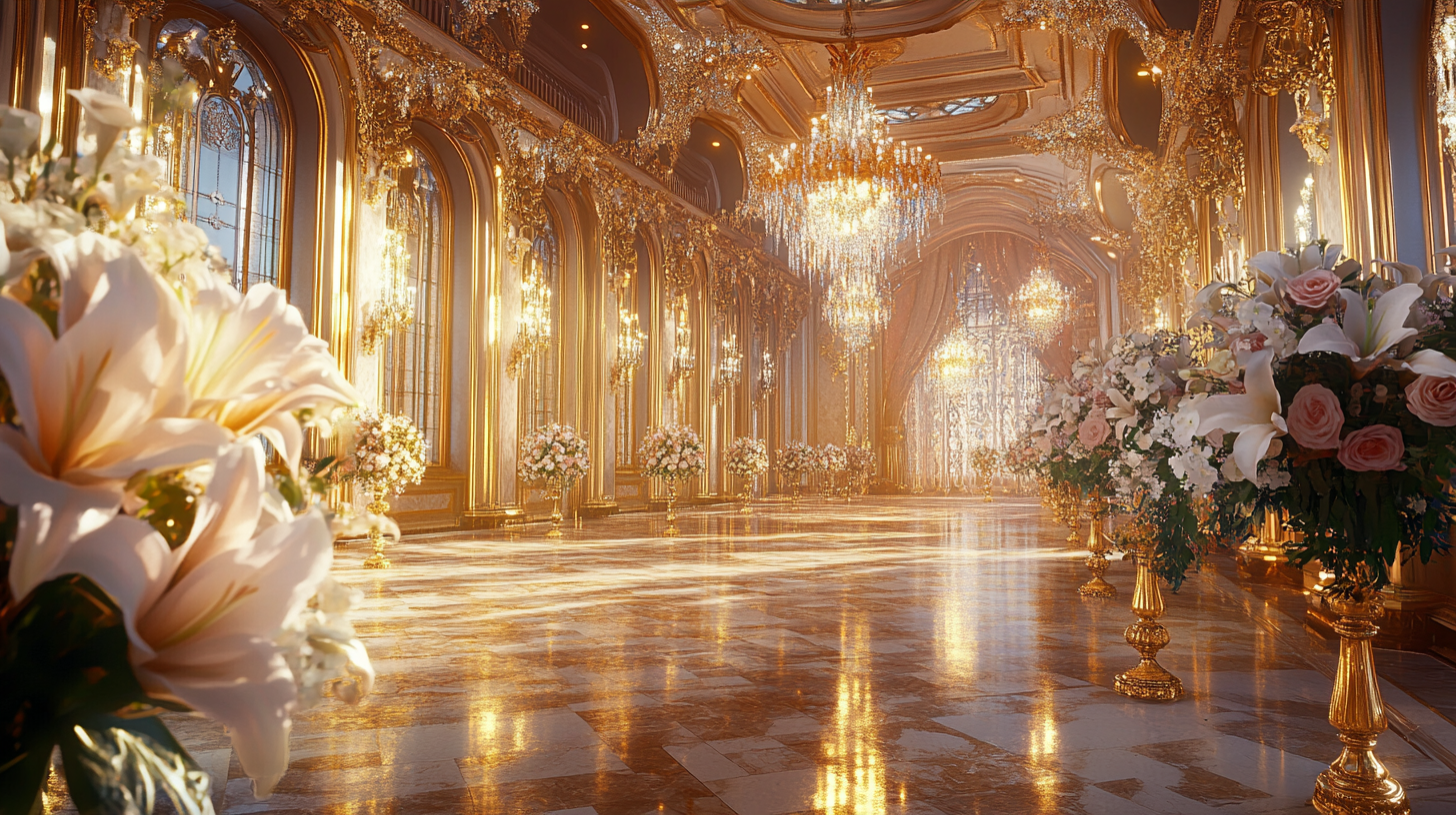 Luxurious wedding ballroom with chandeliers, roses, marble floor