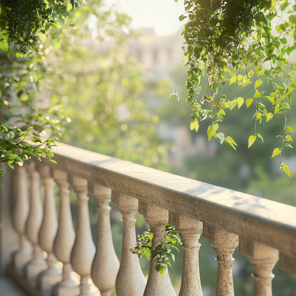 Luxury European Balcony Overlooking Green Park at Morning