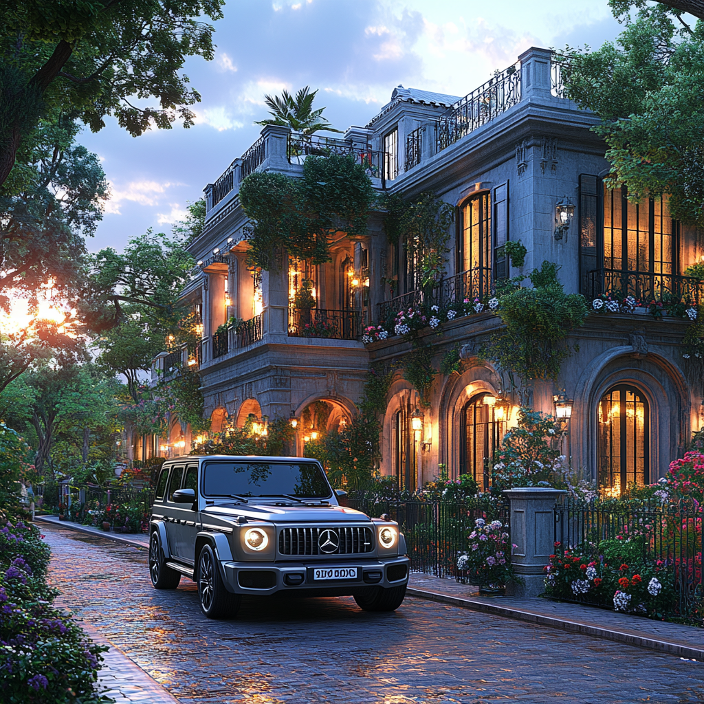 Luxury French mansion with Mercedes in front yard