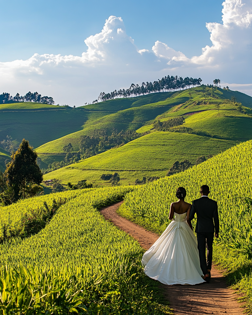 Luxury Rwandan bride and groom walk in hills.