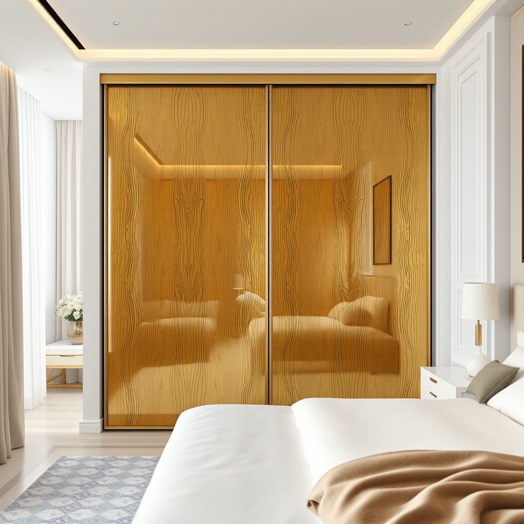 Luxury bedroom with gold mirrored sliding wardrobe.