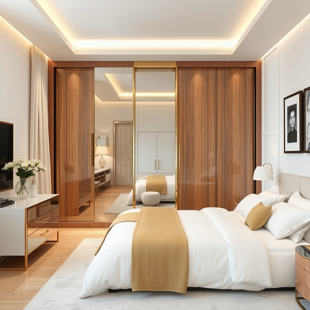 Luxury bedroom with modern wood wardrobe and elegant decor.